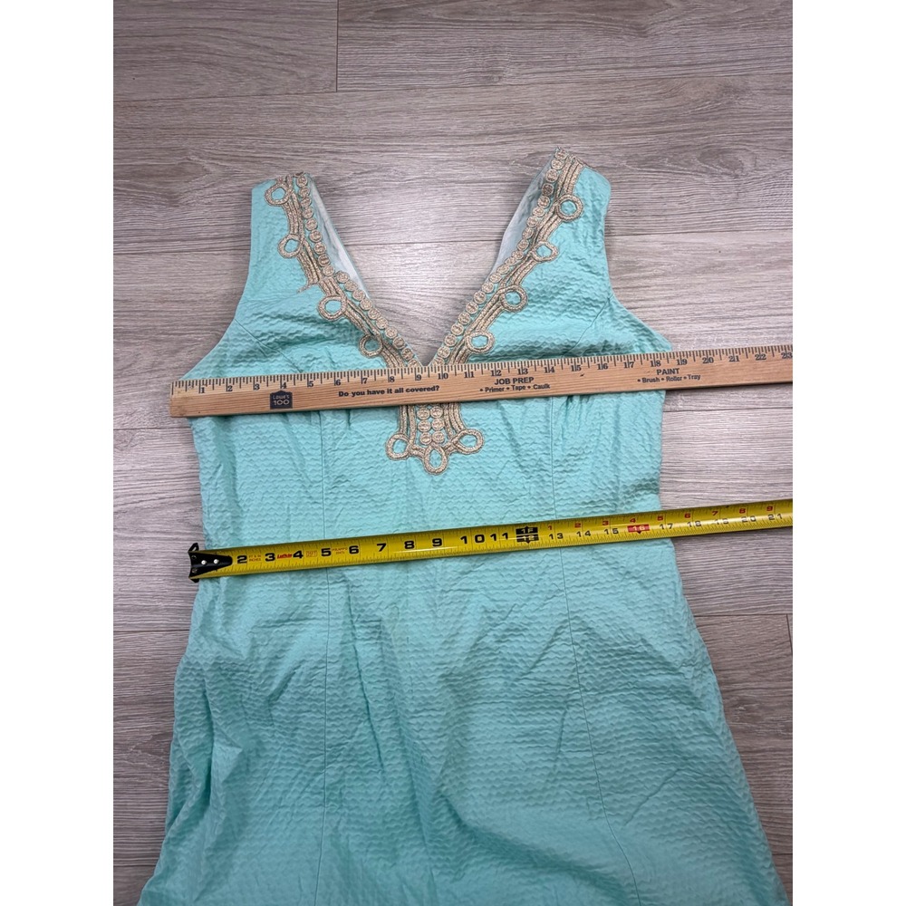 Lilly Pulitzer Aqua Blue Seersucker Gold Soutache V-Neck Shift Dress Womens 14 - Picture 3 of 8